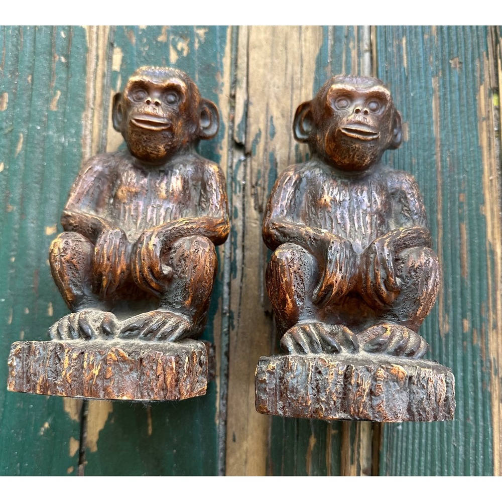 Vintage Bronze Tone Monkey Chimpanzee Bookends Set Jungle Safari Home Decor 7in